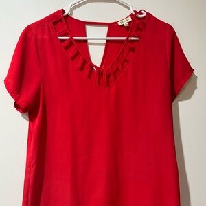 3/$15 Lily White Scarlet Red V-Neck Blouse w Cut Outs Size Medium ga
